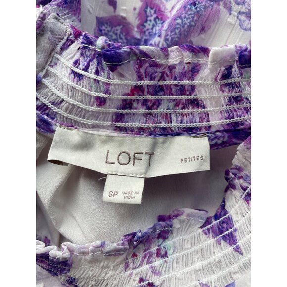 Loft Floral Blouse Size Small Petite Long Sleeve Purple White Smocked Neck Boho - Picture 4 of 8